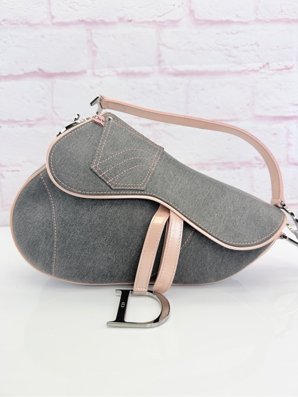 Authentic Christian Dior Grey Denim Pocket Saddle Bag